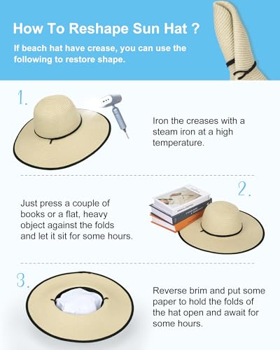 Sun Hats for Women, Summer Wide Brim Straw Beach Hat - color: Beige Black, size: Large