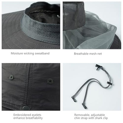 BASSDASH UPF 50+ Mosquito Sun Hat with Hidden Head Net and Neck Flap for Men Women Outdoor Fishing Hiking Camping - color: Dark Grey