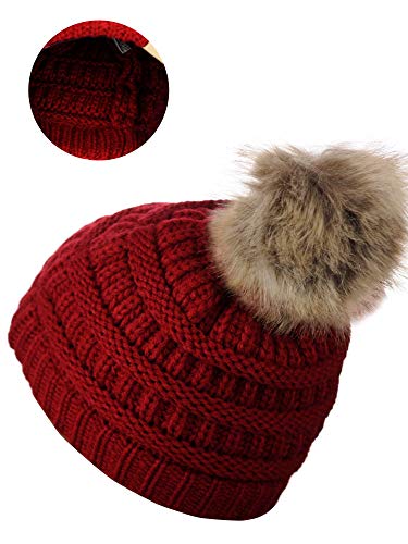 C.C Children's Kids' Soft Stretch Cable Knit Faux Fur Pom Beanie Hat - color: Red