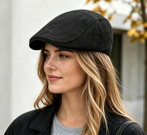 DIYDECAL Mens Cotton Mesh Newsboy Cap Flat Ivy Gatsby Hat Summer Driving Cabbie Cap - color: Black