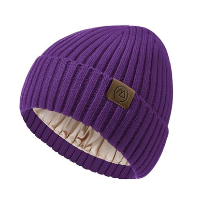 Durio Unisex Silk Lined Beanie Double Layered Winter Hats - color: Purple