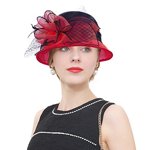 Janey&Rubbins Women's Two-Tone Bowler Cloche Hat for Derby Day, Church, Wedding, Party, Formal Events - color: Red/Black