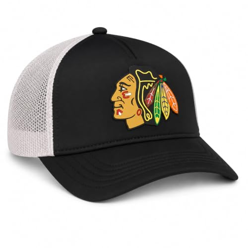 AMERICAN NEEDLE Valin Officially Licensed NHL Hockey Team Adjustable Snapback Baseball Trucker Hat, Valin Collection - color: Riptide Valin Ivory/Black (Chicago Blackhawks)