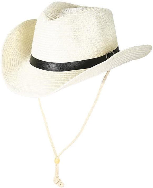 Men Straw Cowboy Hat Women Cowgirl Fedora Wide Brim Beach Sun Hat - color: Cream With Pu Leather Belt