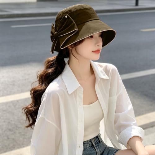 Women's Foldable Wide Brim Bowknot Bucket Hat Sun Protective - color: Brown
