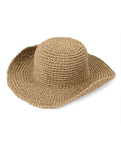Bsubseach Womens Foldable Beach Hat Packable Straw Sun Hat Wide Brim Floppy Hat for Outdoor Travel - color: Khaki