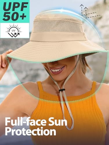 EW East Water Sun Beach Hat for Women, UPF50+ Waterproof with Ponytail Hole - color: Khaki