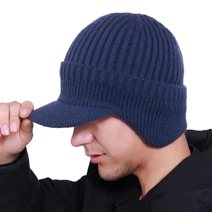 JHDESSLY Knit Beanies with Visor & Earflaps for Men and Women, Winter Hats Fleece Lined Hat Stocking Caps Soft Warm Headwear - color: Navy