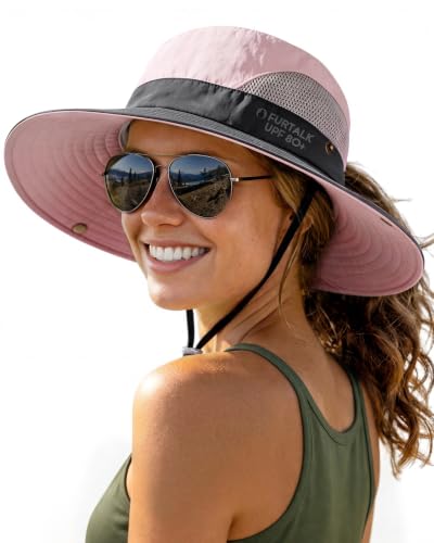 FURTALK Womens Sun Hat with Ponytail Hole Beach Hiking Summer Wide Brim UPF 50+ Outdoor Protection Foldable Bucket Hat - color: Pink-grey