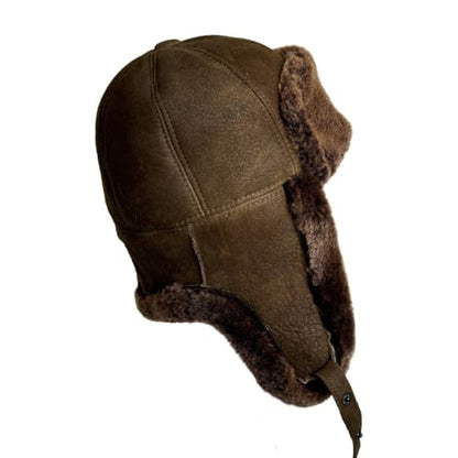 Leather Aviator Russian Ushanka Trapper Shearling Sheepskin Fur Ear Flap Waterproof Winter Hat - color: Whiskey Brown, size: Medium