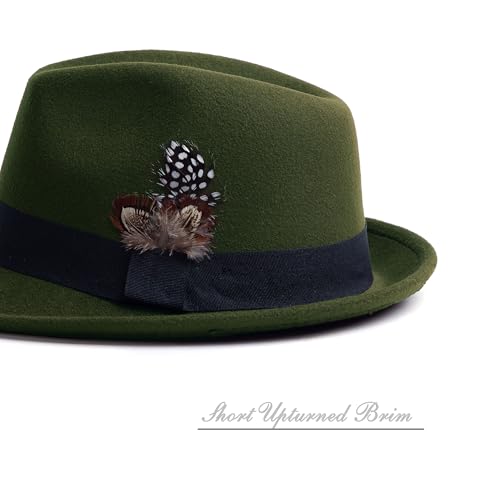Short Brim Fedora Hat for Men Women Felt Trilby with Feather - color: Olive