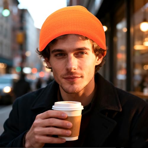 PFFY Beanie for Men Women Unisex Knit Cuffed Winter Beanies Hats Skull Cap - color: Orange