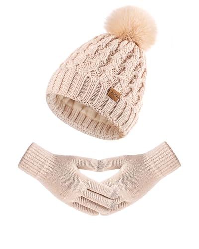 Women Winter Beanie Hat Gloves Set Pom Hat with Warm Fleece Lined Touchscreen Gloves for Cold Weather - color: Beige