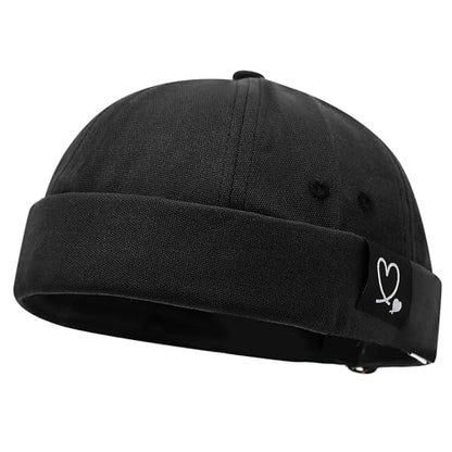 Mens Docker Cap Brimless Skullcap Sailor Cap Rolled Cuff Retro Beanie Hat - color: Double Heart Black