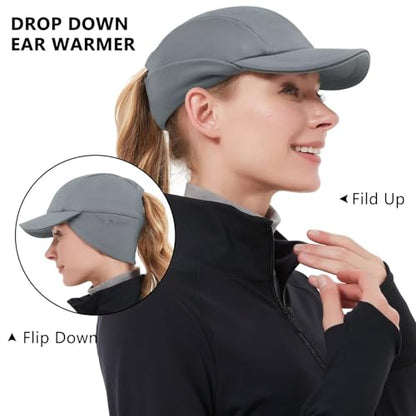 GADIEMKENSD Women's Winter Reflective Fleece Ponytail Hat with Drop Down Ear Warmer - color: Light Gray, size: 7-7 1/8