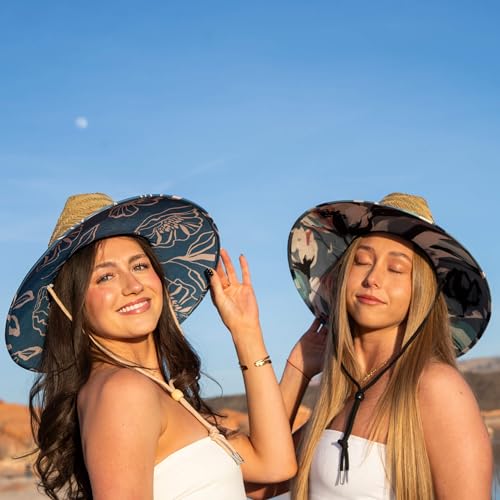 Women's Wide Brim Straw Sun Hat for Beach, Lifeguard Style, Hand-Woven Rush & Mat, Adjustable Chin Drawstring - color: The Emery