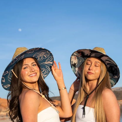 Women's Wide Brim Straw Sun Hat for Beach, Lifeguard Style, Hand-Woven Rush & Mat, Adjustable Chin Drawstring - color: The Emery