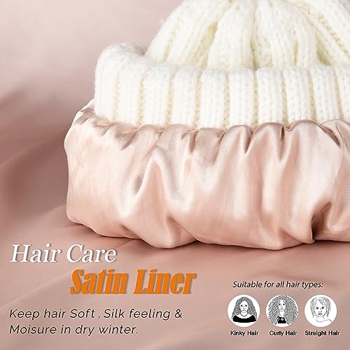 FURTALK Womens Winter Beanie Hat Satin Lined Faux Fur Pom Pom Beanies Hat for Women Winter Warm Knit Hats - color: 01 White