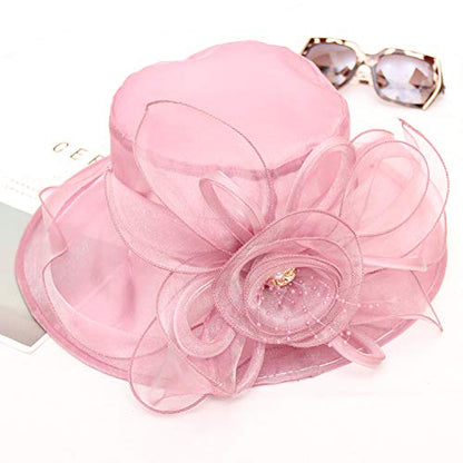 Women's Kentucky Derby Church Dress Hat Wide Brim Leaf Flower Bridal Shower Hat - color: F2 Pink Purple
