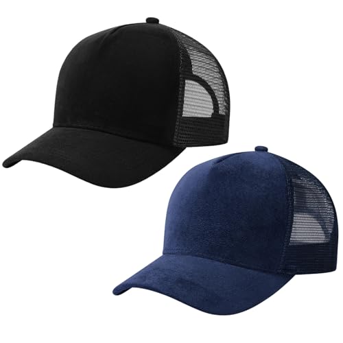 Suede Curved Brim Trucker Cap Adjustable Snapback Hat Mesh Back Breathable for Men Women 2 Pack SH03 - color: Pack of 2, Black & Dark Blue
