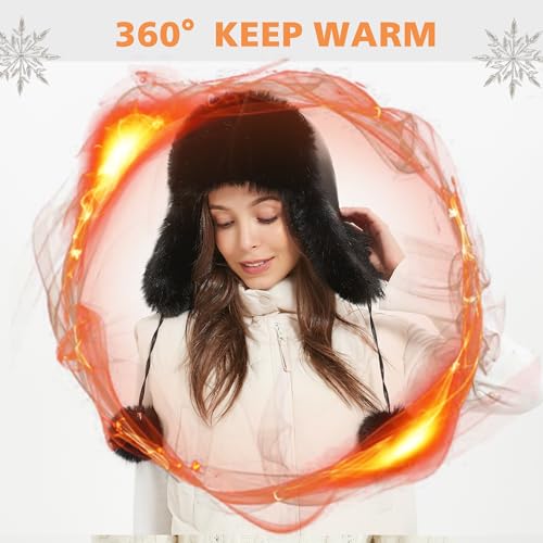 Winter Trapper Hat for Women Warm Faux Fur and Leather Windproof Full Hood Earflap Beanies - color: Black2 Pompom