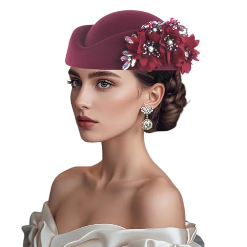 Women Vintage Church Hat Applique Felt Pillbox Hat Fascinator Tea Party Cap - color: Z1-claret