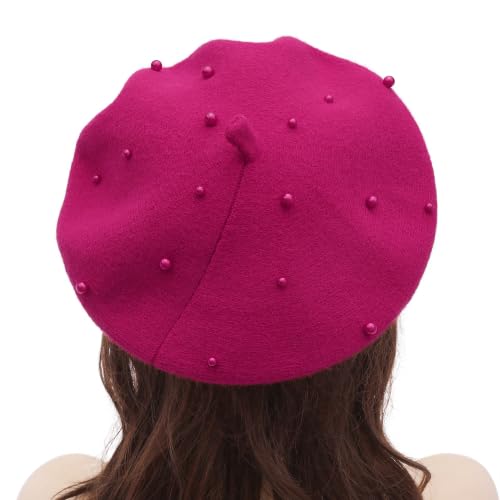 ZLYC Women French Beret Hat Winter Knitted Stretchable Beret Artist Cap - color: Pearls Hot Pink