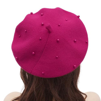 ZLYC Women French Beret Hat Winter Knitted Stretchable Beret Artist Cap - color: Pearls Hot Pink