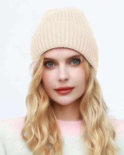 ROYBENS Womens Satin Lined Beanie for Men Wool Knit Cuffed Warm Winter Hats - color: 1pcs-beige