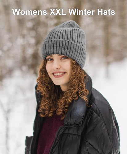 ZTL M/L/XL/XXL Merino Wool Beanie for Men Women, Fleece Lined Large Winter Hat, Big Knitted Cuffed Beanie Ski Skull Cap - color: Grey, size: X-Large-XX-Large