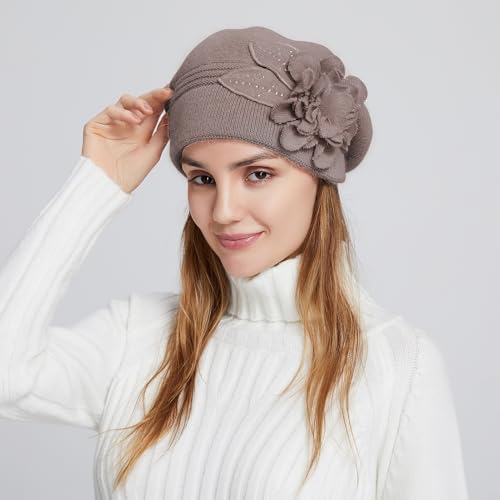 Flower Women Beret, Double Layer Thickened Winter Knitted Beanie Beret Hat, Stylish French Dress Beret Hats for Women - color: Taupe