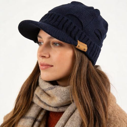 Winter Beanie with Visor - Stylish Knit Hat with Bill - Thick Brimmed Beanies with Fleece Lining Men and Women - color: B327-blue