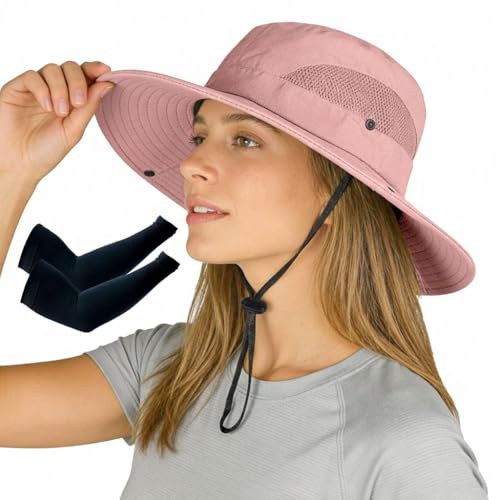 ZOORON Sun Hats for Men Women, Wide Brim Safari Hats UV Protection UPF50+ Waterproof Boonie Hats for Fishing Hiking Camping - color: With One Pair Cooling Sleeves-1pack-pink