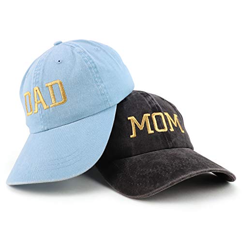 Trendy Apparel Shop Capital Gold Thread Mom and Dad Pigment Dyed 2 Pc Cap Set - color: Black Light Blue