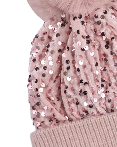 Women Sparkly Sequins Knitted Beanie Hat Warm Winter Skull Cap with Faux Fur Pom Pom - color: X Pink With Knit Cuffs