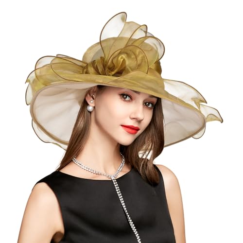 2026 Derby Hats for Women Ladies, Classy Organza Sun Hat, Church Tea Party Wedding Kentucky Fascinator Hat - color: B2967-gold