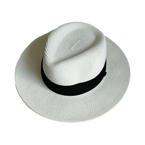Unisex Adjustable Summer Straw Fedora Hat Sun Cap Panama Wide Brim For Beach Summer Outdoors Camping Supplies - color: White
