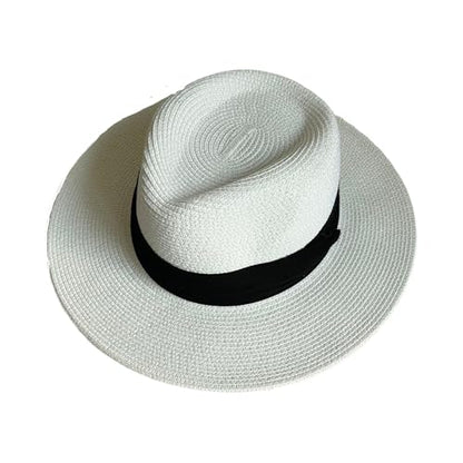 Unisex Adjustable Summer Straw Fedora Hat Sun Cap Panama Wide Brim For Beach Summer Outdoors Camping Supplies - color: White