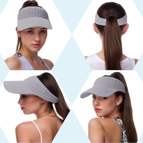 Sun Visor Hats, Wide Brim Sun Hats with UV Protection, Knitted Running Visors for Women - Ponytail Friendly, Quick Drying - color: Grey