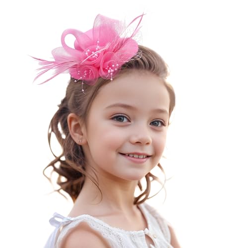 Zinniday Girls Elegant Tea Hat - Pink Derby Hats with a Flower for Tea Party, Mini Fascinator Hair Clip for Girl Children Kentucky Party, 5.11inch - color: Pink