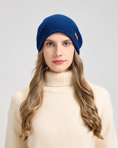 100% Merino Wool Slouchy Beanie Hat, Women Warm Winter Caps Soft, Ladies Breathable & Cozy Stretchy Knitted Skull Cap - color: Dark Blue