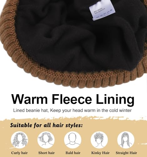 ZTL Merino Wool Beanie Hat for Men Women, Thick Warm Fleece Lined Knit Winter Hats Cuffed Beanie Stocking Hat Ski Skull Cap - color: Brown