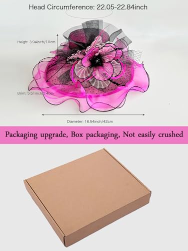 Organza Church Derby Hats for Women Wedding Tea Party Fascinator Floral Wide Brim Sun Hat - color: Style07 Fuchsia Black