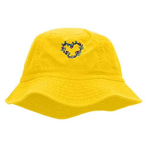 e4Hats.com Flowery Heart Embroidered Pigment Dyed Bucket Hat - color: Yellow
