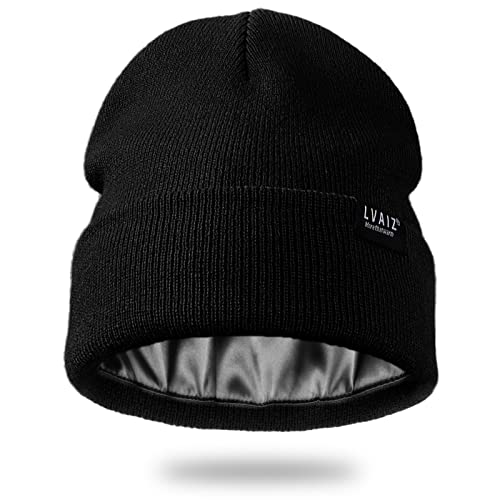 Satin Lined Winter Beanie Hats for Women Men Cotton Knitted Cuffed Knit Hat - color: Black