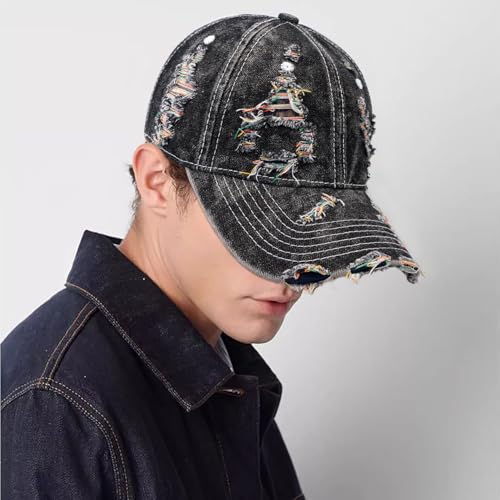 Distressed Washed Denim Baseball Cap Vintage Ripped Strapback Sun Hat for Men Women - color: Colorful