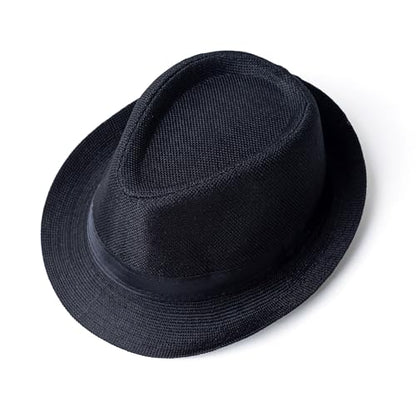 Classic Short Brim Fedora Summer Beach Trilby Hat - color: Black Band-black