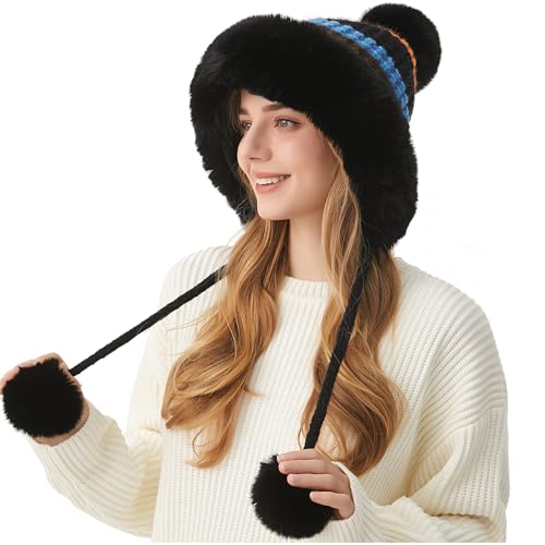 HUAMULAN Women Winter Sherpa Beanie Hats Knit Fleece Lined Ear Flaps - color: Black With Stripe