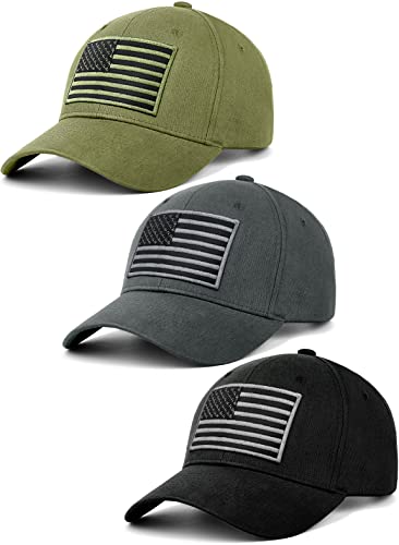KIRAAT 3 Pack American Flag Baseball Cap Unisex,Low Profile USA Plain Dad Hat for Men＆Women - color: Black＆grey＆green