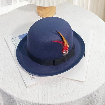 Classic Fedora Hat with Feather, Dome Hard Bowler Cap - color: Navy Blue